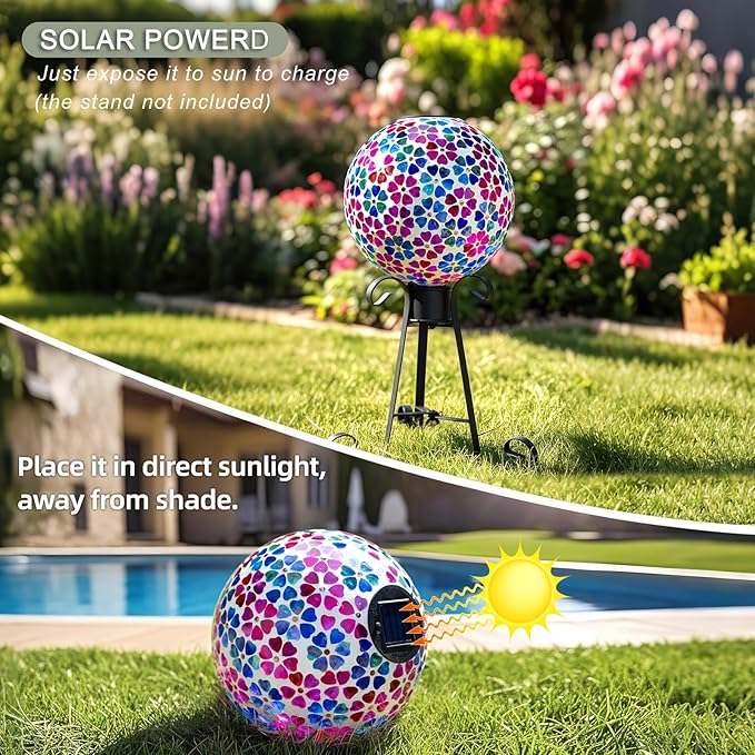 VOREEN Mosaic Solar Glass Gazing Ball, 10" Outdoor Multicolor Gazing Globe, Handmade IP44 Waterproof Garden Decor Sphere for Patio Lawn Yard, Gift for Mom Wife Friend, Heart Flower Design