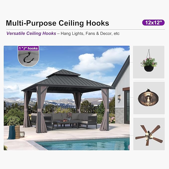 PURPLE LEAF 12'x12' Hardtop Gazebo with Lights Heavy-Duty Galvanized Steel Double Roof Outdoor Patio Gazebo Including Netting and Curtains for Garden Lawn Backyard Grey