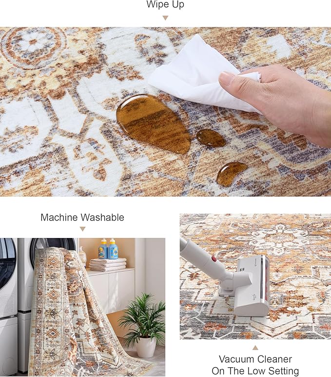 10x14 Area Rugs,Ultra-Thin Washable Rugs for Living Room,Non-Slip Lightweight Foldable Area Rug,Stain Resistant Vintage Large Rugs (Turmeric/Grey, 10'x14')