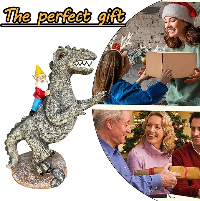Funny Garden Gnome Riding Dinosaur Statue - Resin Outdoor Decor for Yard,Patio,Lawn - Whimsical Dinosaur Sculpture Gift for Garden Lovers
