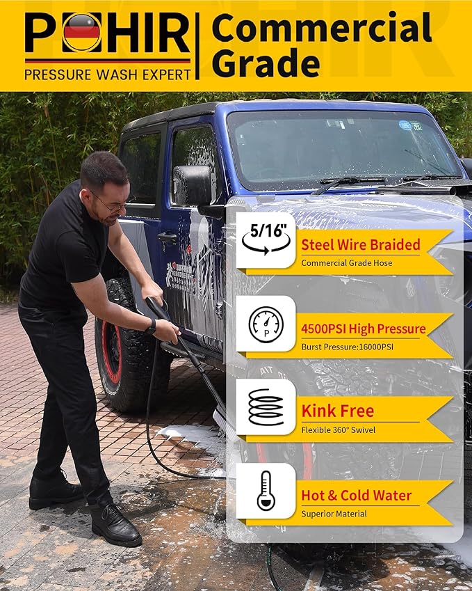 POHIR Pressure Washer Hose 50ft 4500PSI, Power Washer Hose Steel Wire Braided 3/8'' Swivel Quick Connect, 5/16'' ID. Commercial Grade Industrial High Pressure Water Washing Hose
