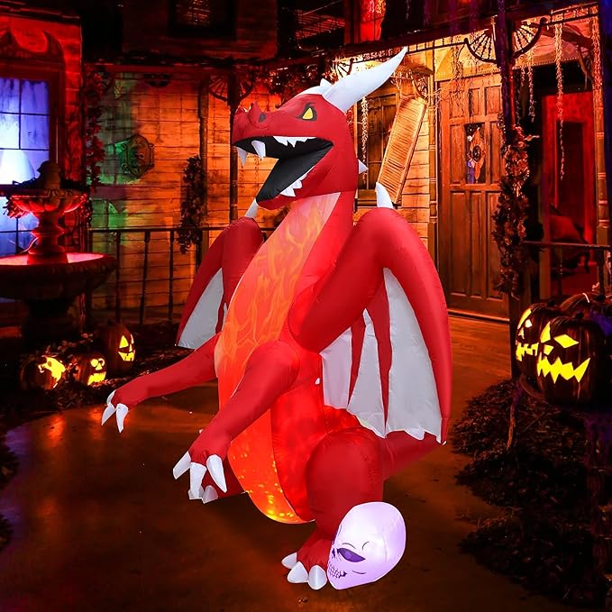 DearSun 8FT H Halloween Inflatable Dragon with Skull Next to The Foot, Blow up Dragon Inflatable with Red Flame lamp Inside Outdoor Decorations Large Party Yard Decoration