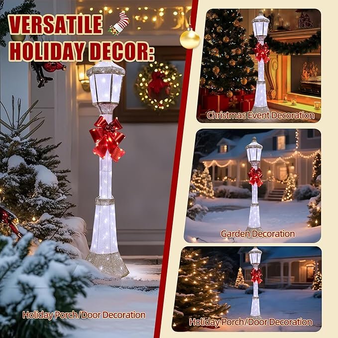 60Inch Outdoor Christmas Decorations Outdoor Lighted Lamp Post 3D Lamppost LED Lighted Display with 128 LED Lights&Bow, Holiday Decorations for Yard, Porch, Patio (2-Pack)