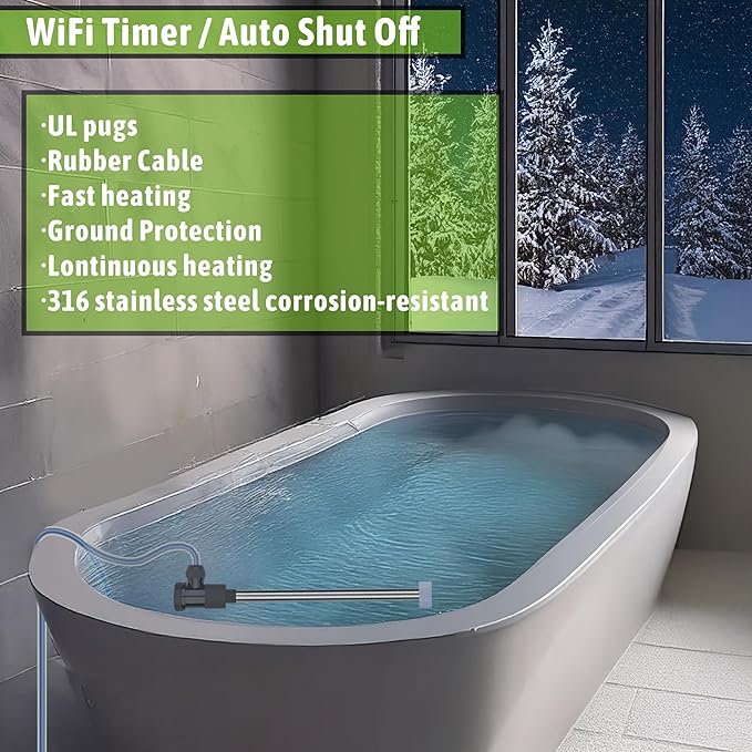 2000W Submersible Immersion Water Heater for Hot Tub & Pool – Portable Electric Heater with Wifi Timer Plug, and Auto Shut Off for Bathtub, Above Ground Pool, Baptism pool, and Baptistry