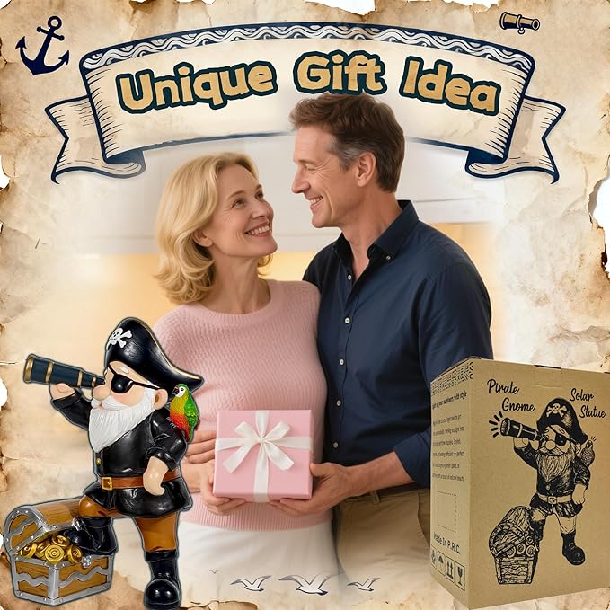 Solar Pirate Gnome Statue – Whimsical Outdoor Garden Decor for Yard, Patio, Lawn, Backyard – Ideal Gift for Women, Garden Lovers, Moms, Birthdays