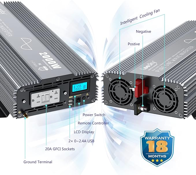 2000W Pure Sine Wave Power Inverter 12V DC to 120V AC with LCD Display Remote GFCI Outlets FCC Approved Compatible with Lithium Battery Starlink for Solar Off-Grid Home Car RV Truck LEESKY