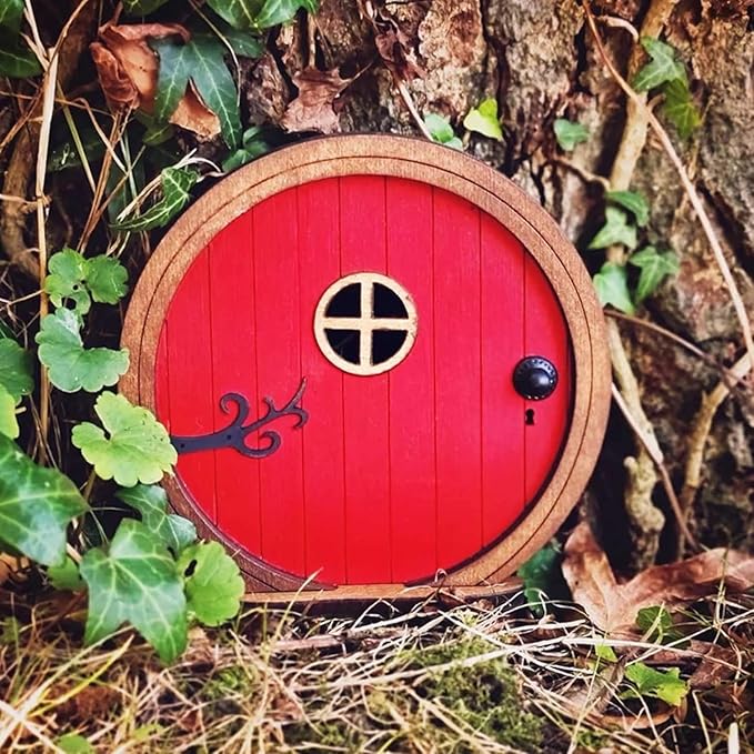 1Pc Red Fairy Garden Door for Tree, Fairy Doors for Trees Outdoor and Tree Trunk, Mini Fairys Gardens Sculpture Lawn Ornament Decor, Fairytales Door Decoration，Garden Miniatures