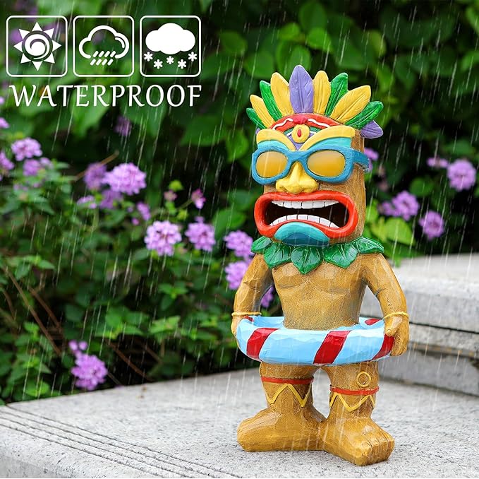 Tiki Statue with Swim Ring - Tiki Bar Decorations Outdoor Decor, Garden Statue with Solar Light for Patio Porch Poolside Balcony - Yard Art Lawn Ornaments Figurine Gardening Gift for Tiki Lover