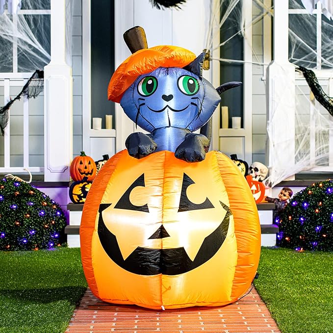 Joiedomi 5 FT Halloween Inflatables Outdoor Decorations, Inflatable Halloween Decor Outdoor Blow Up Pumpkin for Yard, Animated Blow Up Cat On Pumpkin with LEDs for Outside Decor