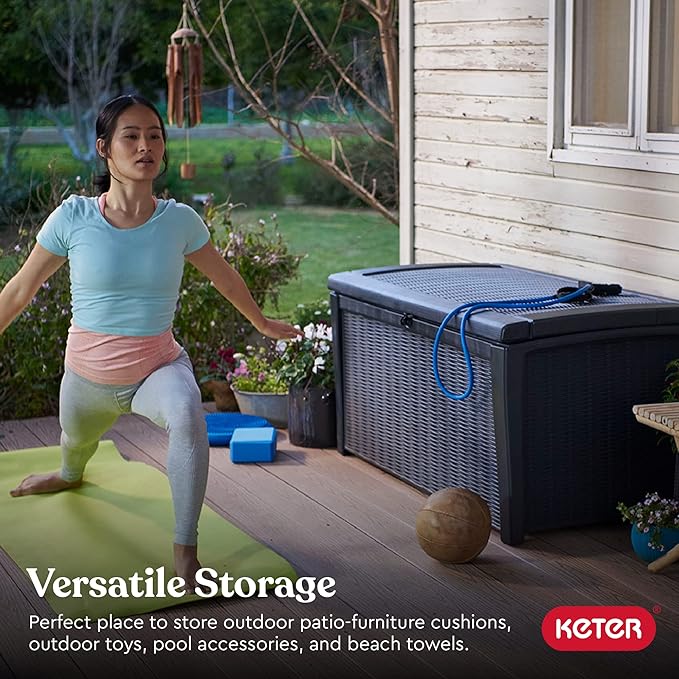 Keter Borneo 110 Gallon Storage Box, All-Weather Wicker Rattan-Style Resin Deck Box and Stylish Outdoor Bench with Piston-Assisted Lockable Lid, Grey