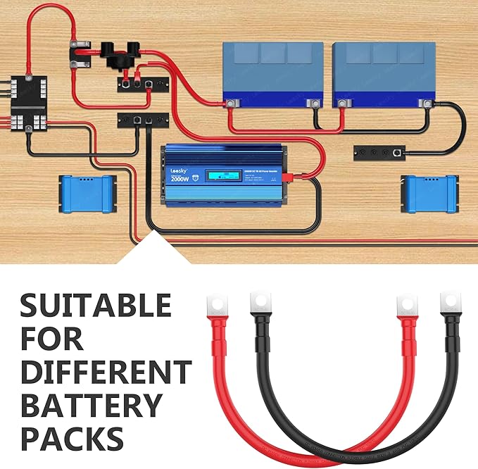 LEESKY 2 AWG Battery Cables 2 Gauge 1Feet Pure Copper Battery Inverter Cables 3/8 Inch Terminals for Golf Cart, Power Inverter, Solar, RV, Marine