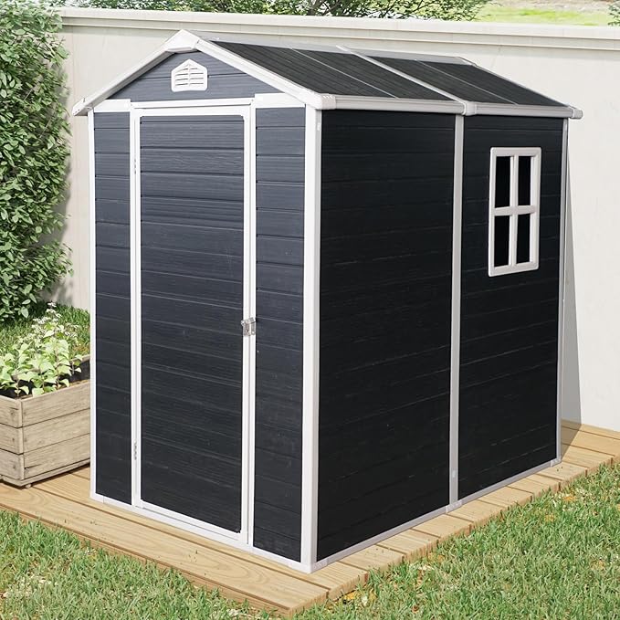 4x6ft Outdoor Storage Shed, Resin Patio Furniture Storage with Lockable Door, All-Weather，Garden Shed Kit with Reinforced Floor & Natural Light Window，UV Protection (Black, 4x6ft)