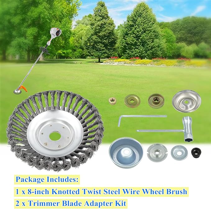 8'' Steel Wire Wheel Brush Weed Trimmer Head for Most Straight-Shaft String Trimmer & Brush Cutter & Weed Eater & Weed Wacker (with 2 Kinds of Blade Adapter Kit)