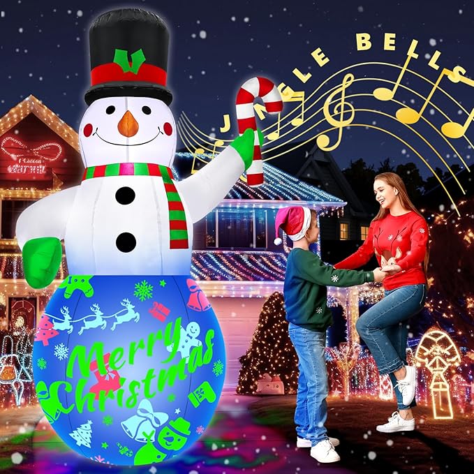 7Ft Christmas Inflatables Snowman Built-in Music Box & Rotating Colorful LED Lights, Christmas Inflatable Decoration Outdoor Blow Up Yard Decoration Snow Man for Holiday Party Xmas New Year