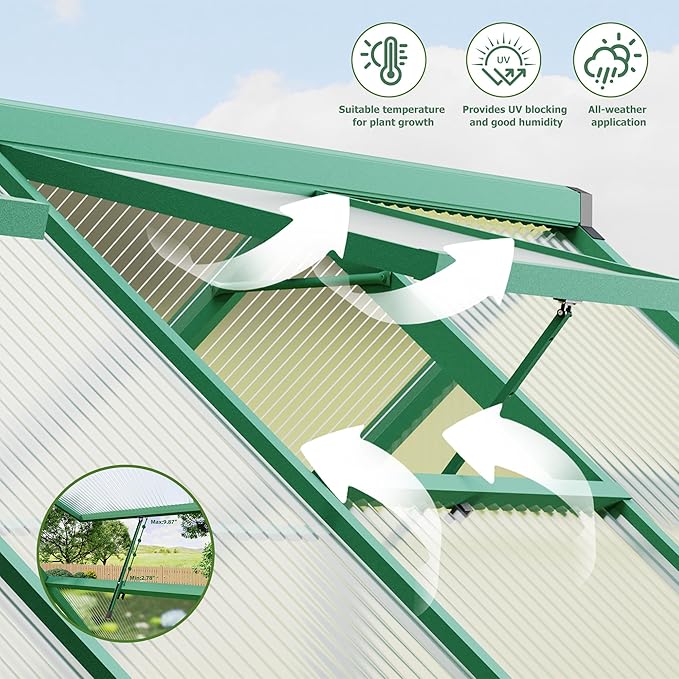 6x9 FT Outdoor Greenhouse, Polycarbonate Greenhouse with Roof Vent and Ground Nails, Aluminum Large Walk-in Green House w/ Lockable Push Door for Outside Garden Backyard (Green, 6x9 FT)