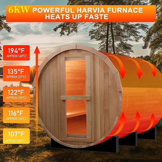 Outdoor Barrel Sauna, 8 Person Wooden Steam Sauna Room with 6kw Toule Electric Heater with Stone, Canadian Red Ceder, Asphalt Shingle Roof (Red Ceder)