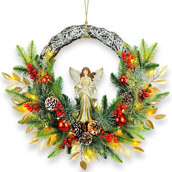 YULETIME 24" Angel Christmas Wreath, Artificial Holiday Wreath with Resin Angel Statue, Natural Rattan Ring & Pine Cones, Golden Leaves, Red Baubles, Spruce Branches, Snowy Pine Needles
