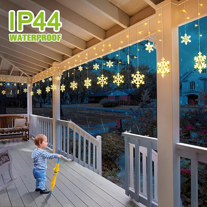 Christmas Snowflake Lights, 16.73ft Outdoor Led Snowflake Icicle Christmas Lights with 20 Drops, Waterproof Snowflake Lights Emit Warm White Lighting for Eaves, Window, Curtain Xmas Decorate