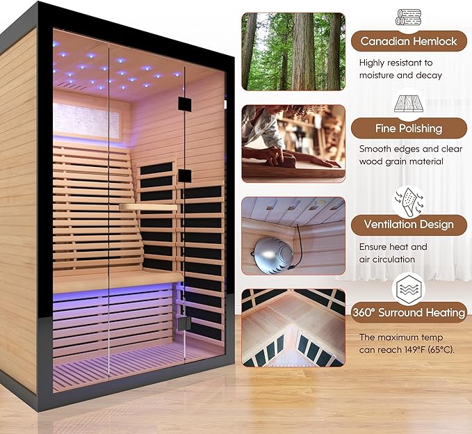 Home Sauna Far Infrared Sauna Dry Sauna for 2 Person,7-Colors LED Light Indoor Sauna Room with Low EMF 2160W,10 Minutes Pre-Warm up,Canadian Hemlock Wood