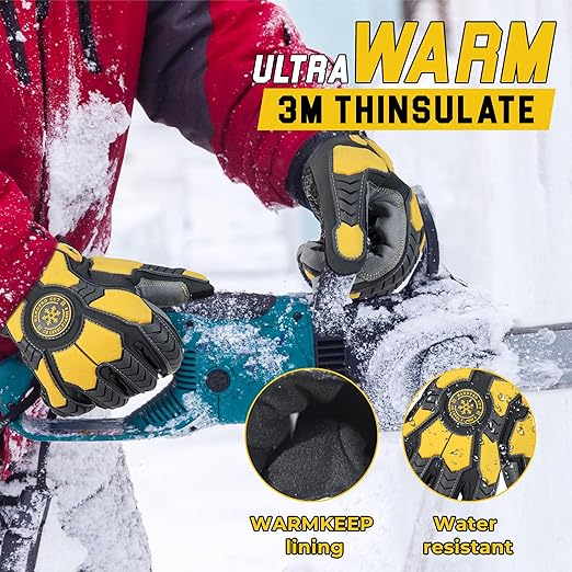 HANDLANDY Winter Cut Resistant Men Impact Resistant Work Gloves, Padded Palm Grip Heavy Duty Working Glove (X-Large, Yellow)