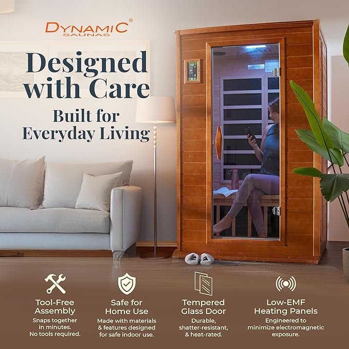 DYNAMIC SAUNAS Elite 1 Person Compact Ultra Low EMF FAR Infrared Sauna with Red Light Therapy & Bluetooth Speakers - Personal Indoor for Home & Gym