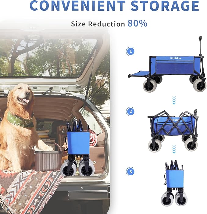 51" L Beach Wagon with 9" Sand Wheels,260L Collapsible Beach Cart with Rear Tailgate,Heavy Duty Wagon for Sand, Camping, Fishing and Sport,Blue