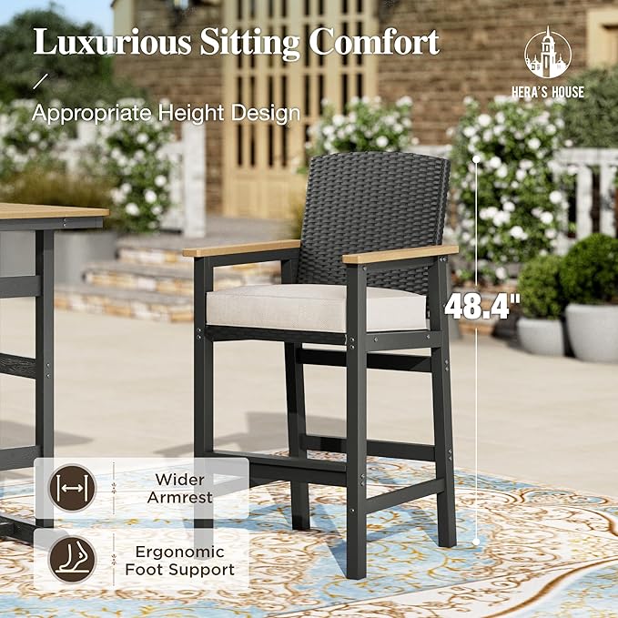 HERA'S HOUSE HDPE Outdoor Bar Set of 3, 2 Bar Stools with Wicker Backrest and Comfy Thick Cushion, 42” All Weather Outdoor Bar Table with Cut-Out Legs, Patio Bar Table and Chairs Set