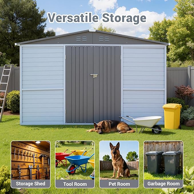 Galvanized Steel Frame & Solid Fir Wood Wall Shed | 8x10ft Outdoor Storage Shed with 10-Grade Waterproof Roof & 9-Level Wind Resistance, Lockable Double Doors & Windows for Garden, Lawn, Patio