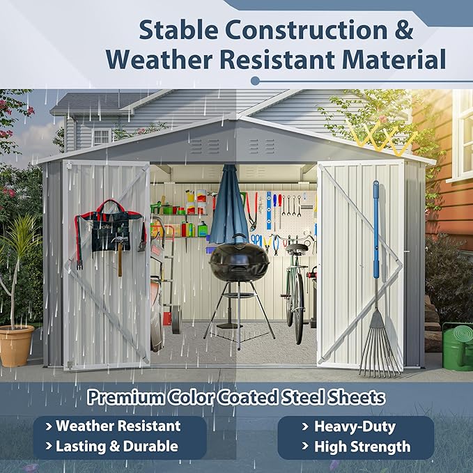 10X8 FT Outdoor Storage Shed, All Weather Metal Sheds withLockable Doors, Tool Shed for Garden, Patio, Backyard, Lawn, Silver Gray