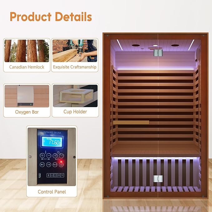 Infrared Sauna 2 Person,Far Infrared Home Sauna Room,1950W Light Therapy Lamp Dry Sauna for Home, Canadian Hemlock Indoor Sauna Spa with Oxygen Bar,Wooden Infrared Light Sauna