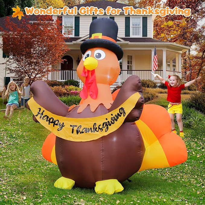 FunFanso Thanksgiving Inflatables Turkey Outdoor Decorations with Built-in LED Lights, 4.5FT Tall Blow Up Turkey with Pilgrim Hat and Colorful Tail for Lawn Yard Garden Party House Holiday Decor