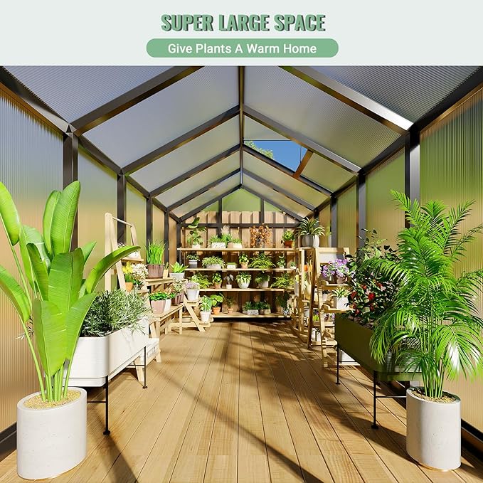 6x10 FT Greenhouse for Outdoors, Polycarbonate Greenhouse with Roof Vent, Ground Nails, Lockable Push Door, Aluminum Large Walk-in Green House for Outside Garden Backyard, Patio, Lawn, Black