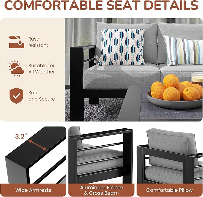 Solaste Aluminum Patio Furniture Set for All Weather, Oversized Metal Outdoor Furniture Set with 27.5" Deep Seating and 3.2" Wide Armrest, Patio Conversation Set with 5" Cushion, Black and Grey