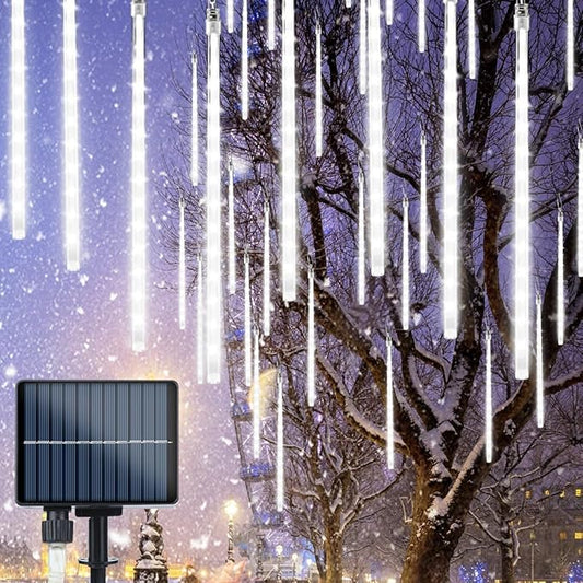 Flacchi Solar Meteor Shower Icicle Lights - 20 Tubes 480 LED Cascading Raindrop Lights, Outdoor Waterproof Christmas Decorations for Holiday Party (Cool White, Solar 20 Tubes)