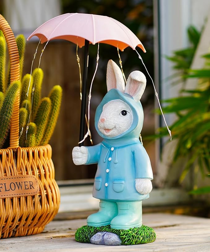 Solar Rabbit Garden Statue Outdoor Decor, Bunny Figurines Lights with Umbrella for Outside Yard Lawn Ornaments,Gifts for Mother's Day Birthday Easter Housewarming