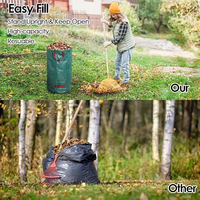3-Pack 72 Gallon Yard Waste Bags, Reusable Heavy Duty Collapsible Garden Leaf Bags with Plastic Ring,with Gardening Gloves,Stand-Up Yard Waste Bin for Leaves, Lawn Debris & Grass Clippings