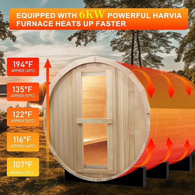 Outdoor Sauna, 6 Person Wood Steam Barrel Sauna Room with 6kw Toule Electric Heater with Stone, Canadian Helmock Wood, Accessories and Asphalt Shingle Roof (Helmock)