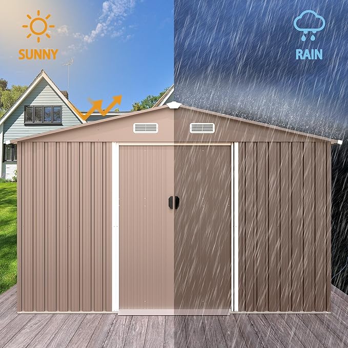 10×8FT Outdoor Storage Shed with Window,Large Metal Tool Shed with Lockable Door and Rainproof Sloped Roof, Garden Shed for Backyard, Patio, Brown