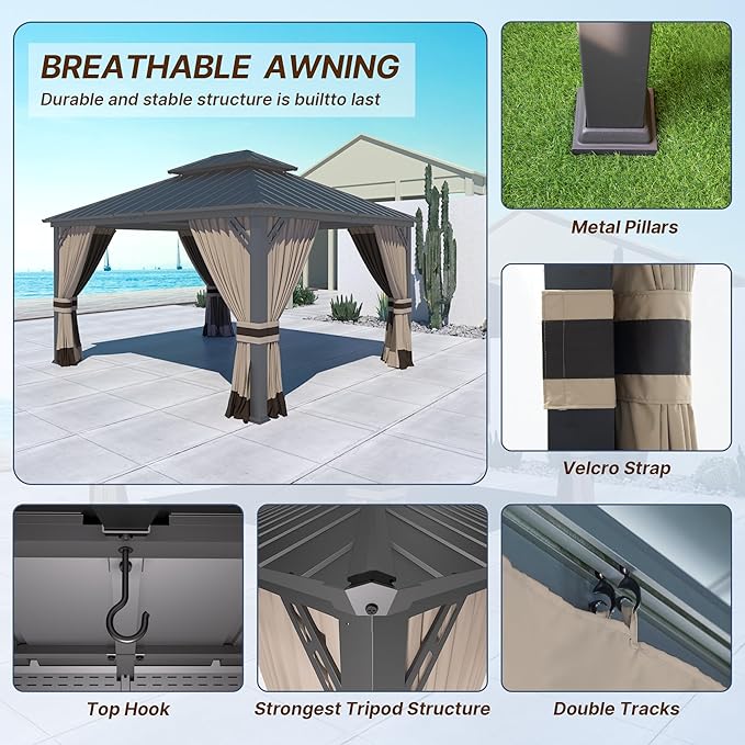 Gotland 12' x 14' Khaki Hardtop Gazebo with Curtains and Netting, Double Roof Iron Metal Pergola for Patio, Garden, Lawn