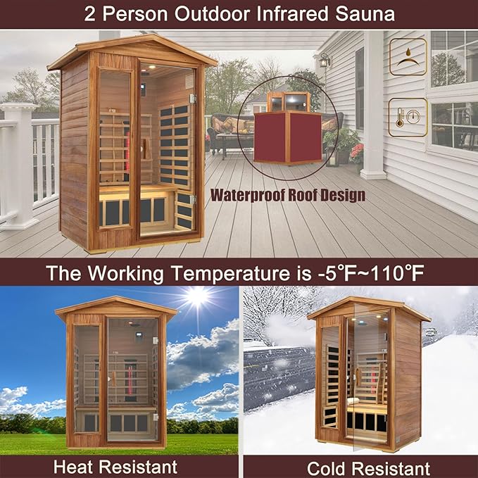 Outdoor Sauna 2 Person, Ceramic Infrared Saunas for Home, 0－5 mg Low EMF Infrared Sauna, Mahogany Wood Home Sauna Room with Bluetooth Speakers, LED Reading Lamps, Chromotherapy Lights