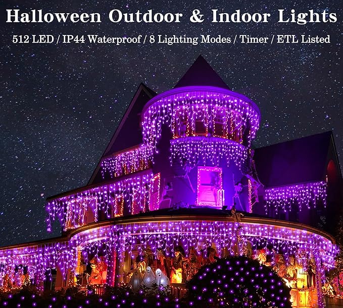 YiYLunneo Halloween Icicle Lights Outdoor, 512 LED 46.5 FT 8 Lighting Modes with Timer & Memory, Curtain Fairy String Lights with 96 Drops for Halloween Decorations Holiday Party Eaves Yard (Purple)