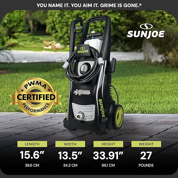 Sun Joe Electric Pressure Power Washer w/ 4 Nozzles & Foam Cannon, 2200 PSI (PWMA Certified), 1.1 GPM, 14.9-Amp Motor - Heavy-Duty Cleaning Machine for Patios, Decks, & Sidewalks, SPX3000-XT XTREAM