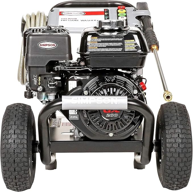 SIMPSON Cleaning PS3228 PowerShot 3300 PSI Gas Pressure Washer, 2.5 GPM, Honda GX200 Engine, Includes Spray Gun and Extension Wand, 5 QC Nozzle Tips, 5/16-inch x 25-foot MorFlex Hose, 49-State