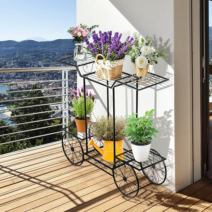 Safstar 6 Tiered Metal Plant Stand w/4 Decorative Wheels, Multilayer Flower Display Shelf for Home, Garden, Patio, Parisian Style Potted Plant Rack Holder