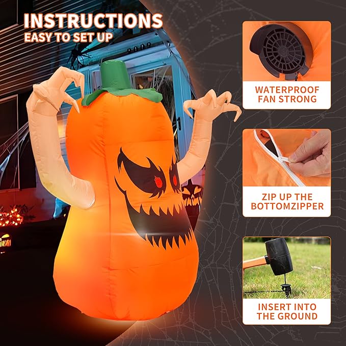 4FT Halloween Inflatable Terror Pumpkin with Build-in LED Lights, Blow up Halloween Inflatable Outdoor Indoor Decorations Large Party Yard Decoration (Terror Pumpkin)