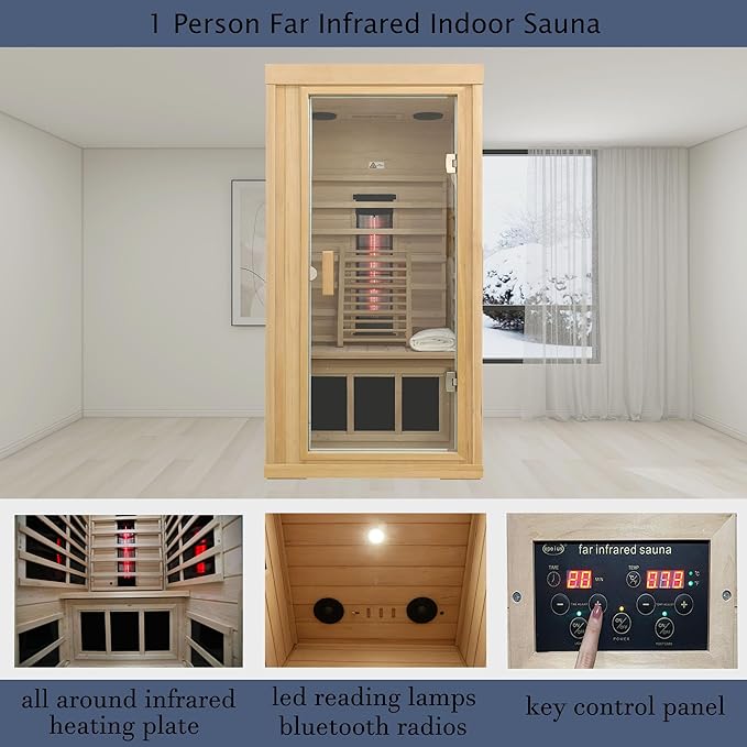 Ceramic Infrared Sauna, 1 Person Infrared Sauna, Hemlock Wood Home Sauna Spa, Far Infrared Sauna Indoor, Low EMF Infrared Saunas for Home with Smart Display, Bluetooth Speaker,1,240 watt