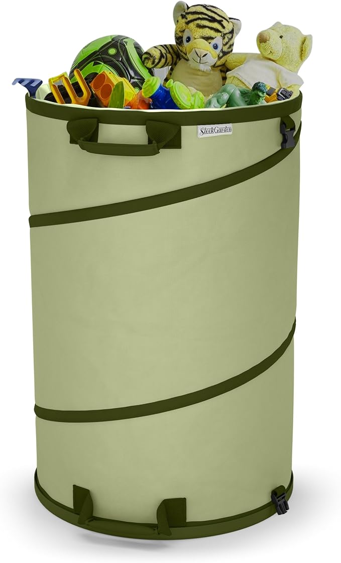 Collapsible -45 Gallon Canvas Garden Waste Bag -Pop-up Bucket Reusable Yard Leaf Bag Holder- Heavy Duty Hardshell Bottom – with Drain Holes for Lawn Pool Garden Camping Trash Debris Bag with Handles