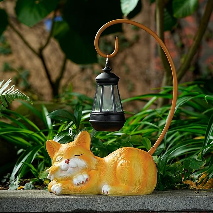 Outdoor Cat Figurine Garden Statue with Solar-Powered LED Light 13.77 Inches Tall Gift Garden Statue Decor for Cat Lovers Yellow