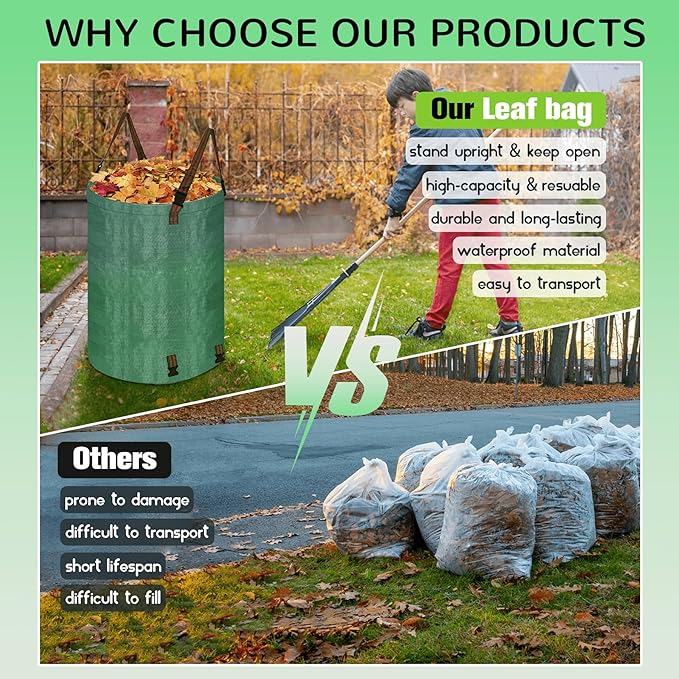 200L leaf Collector Bag, Shoulder Strap, and Drawstring – Reusable Yard Garden Bag for Leaves and Lawn Trash, Perfect for Leaf Removal, Yard Clean-Up (Without lid, 48 Gallon)