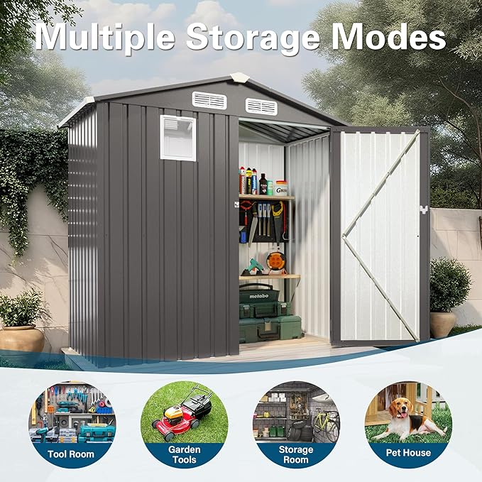 6X3.5 FT Metal Outdoor Storage Shed, Tool Shed with Peaked Roof Watertight w/Window and Lockable Door Compact Metal Tool Room for Garden, Backyard, Patio, Sundries and Bike Storage, Gray